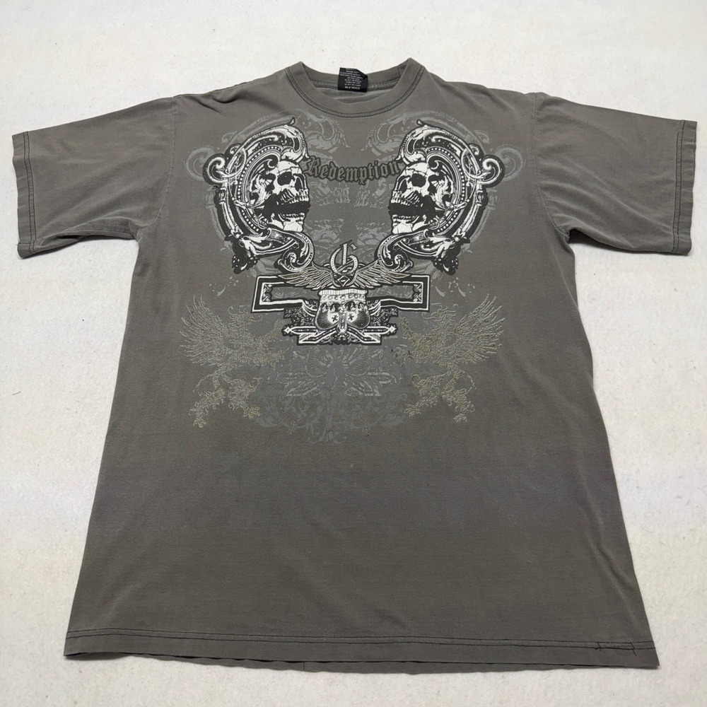 Y2K Redemption Graphic T-Shirt Grunge Skater Skull Gothic Distressed Gray XL